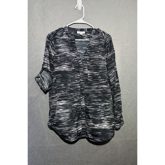 Calvin Klein Women's Blouse M Black White Abstract Print Roll Tab Sleeve - Picture 9 of 16